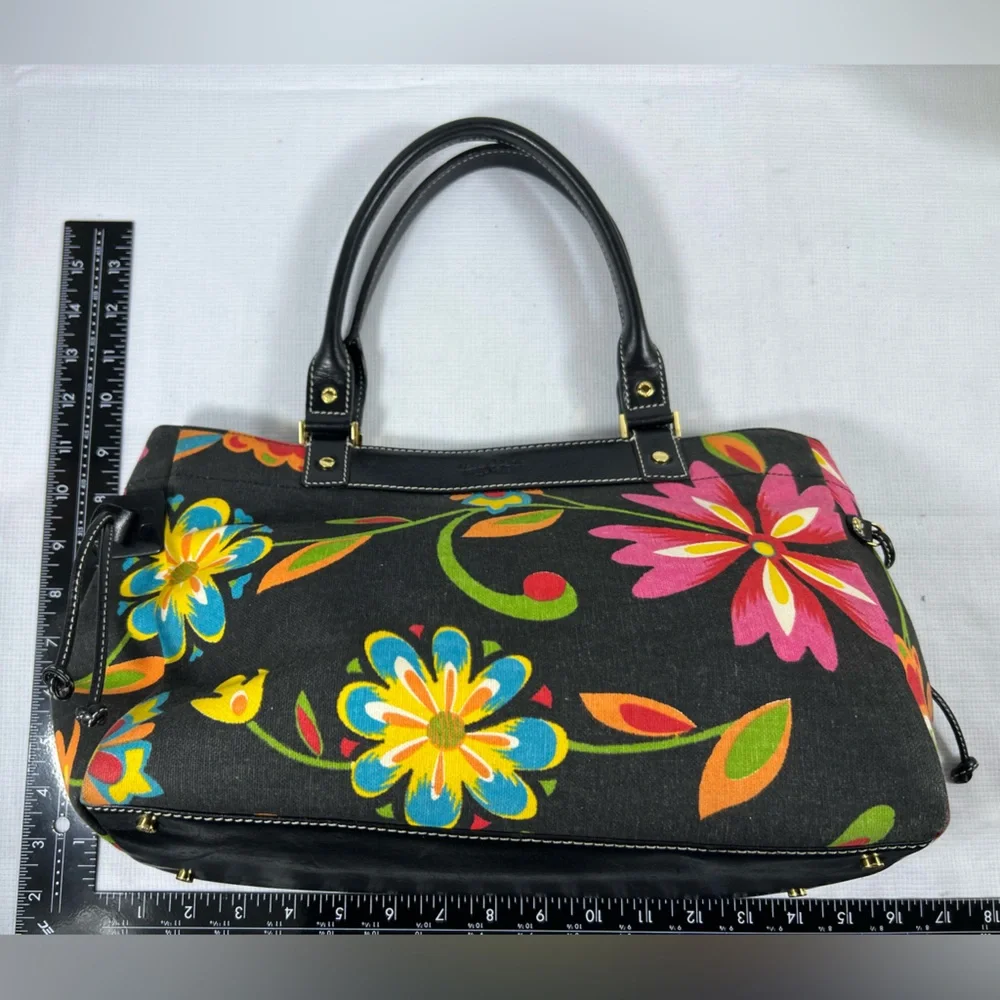 kate spade Black Floral Canvas Satchel with Pink, Yellow & Blue Flowers